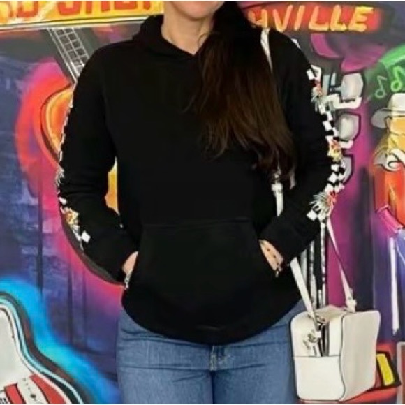 Vans Tops - Vans Black Floral Checkerboard Sleeve Hoodie Pullover Sweatshirt Streetwear